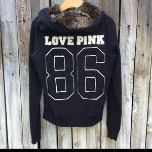 Victoria’s Secret Faux Fur Hoodie Sweatshirt Love Pink Black Brown